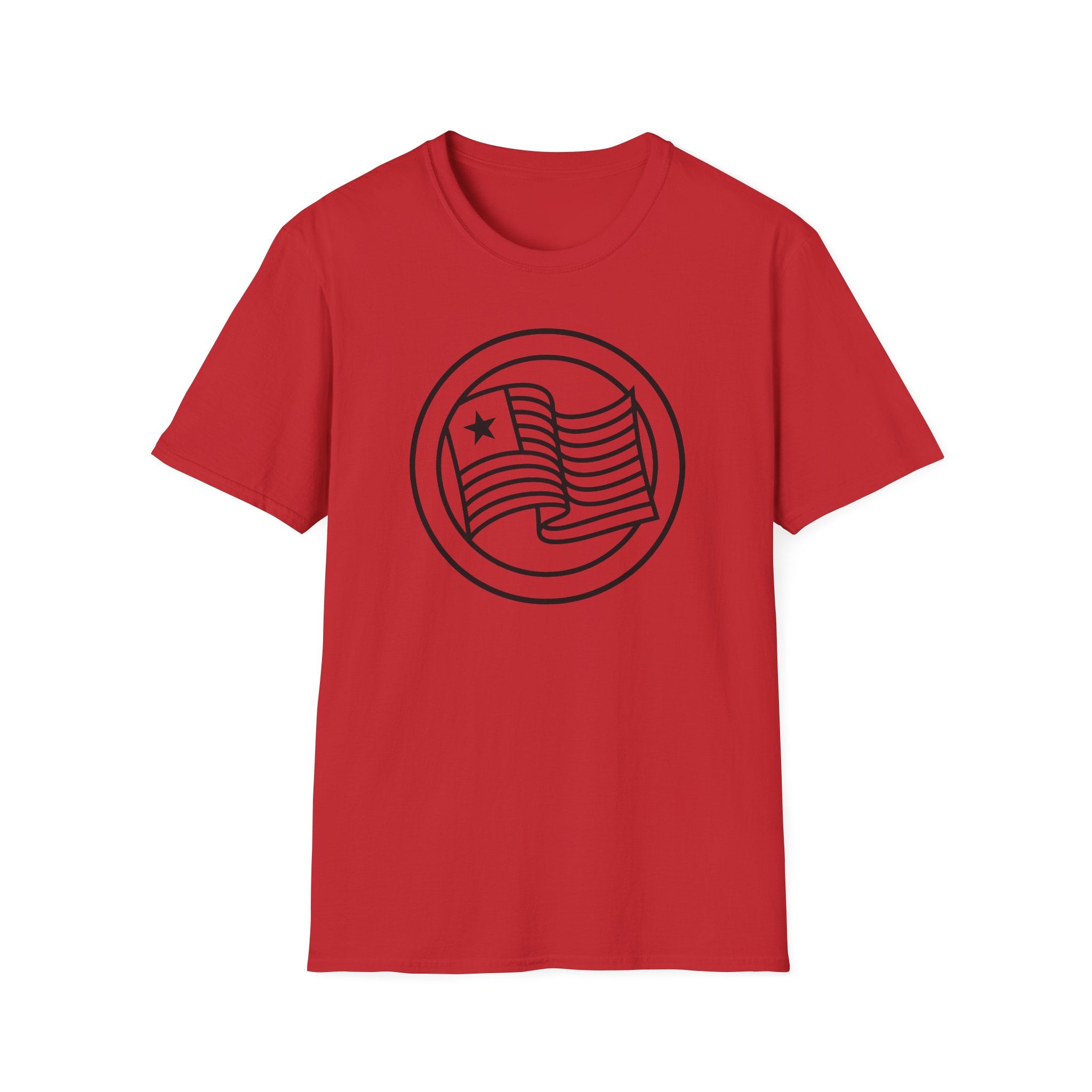 Red t-shirt with round flag graphic printed on the front