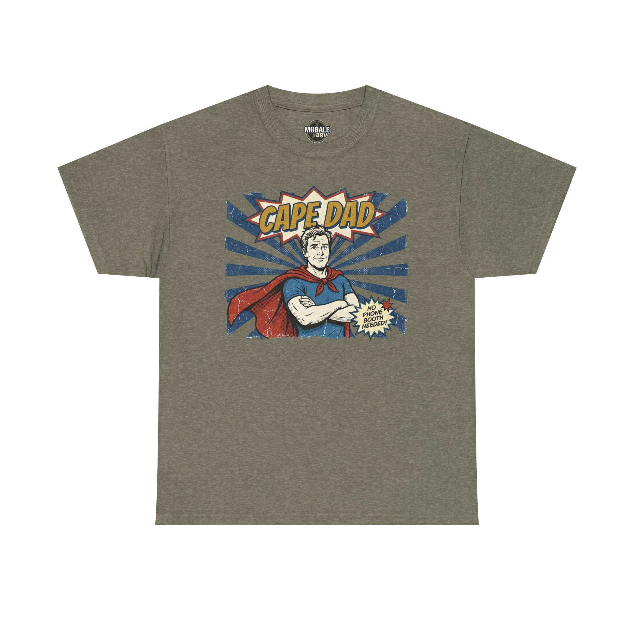 Cape Dad T‑shirt, military green, comic superhero chest print