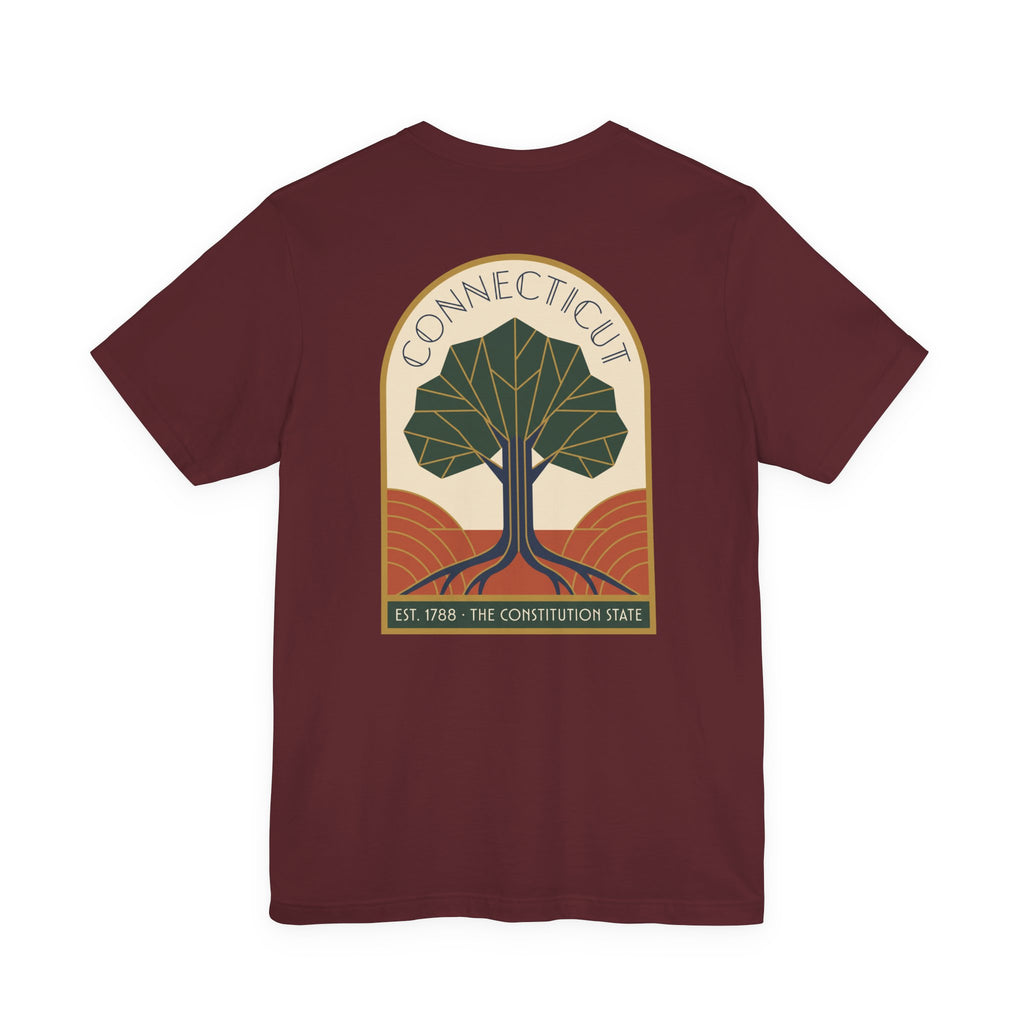 Maroon cotton T-shirt with Deco-style Connecticut tree graphic on the chest