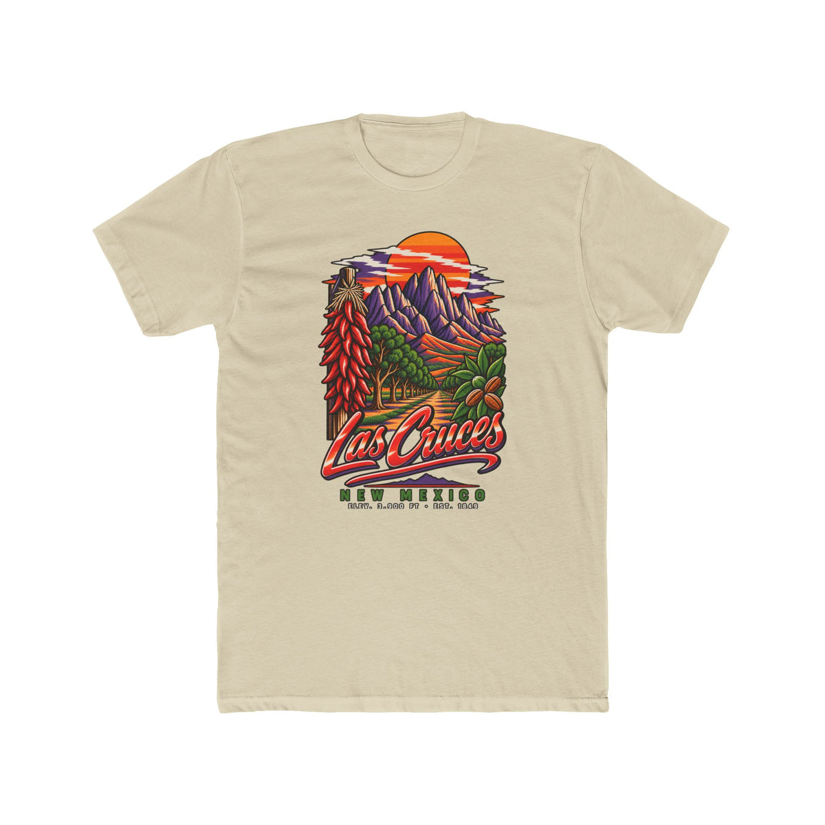 Cream t-shirt with Las Cruces New Mexico landscape graphic
