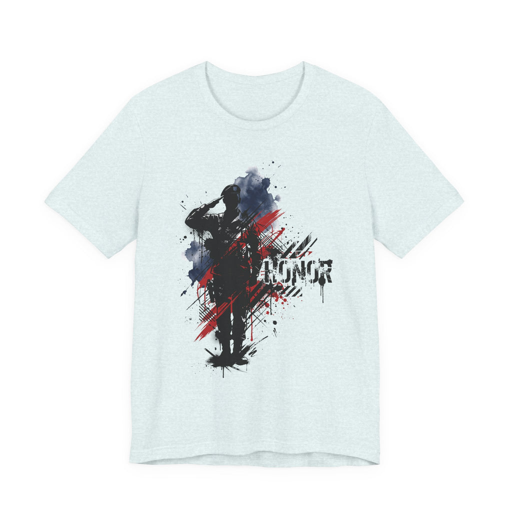 Pale blue crewneck T-shirt with soldier silhouette and red-blue brushstroke graphic, front print.