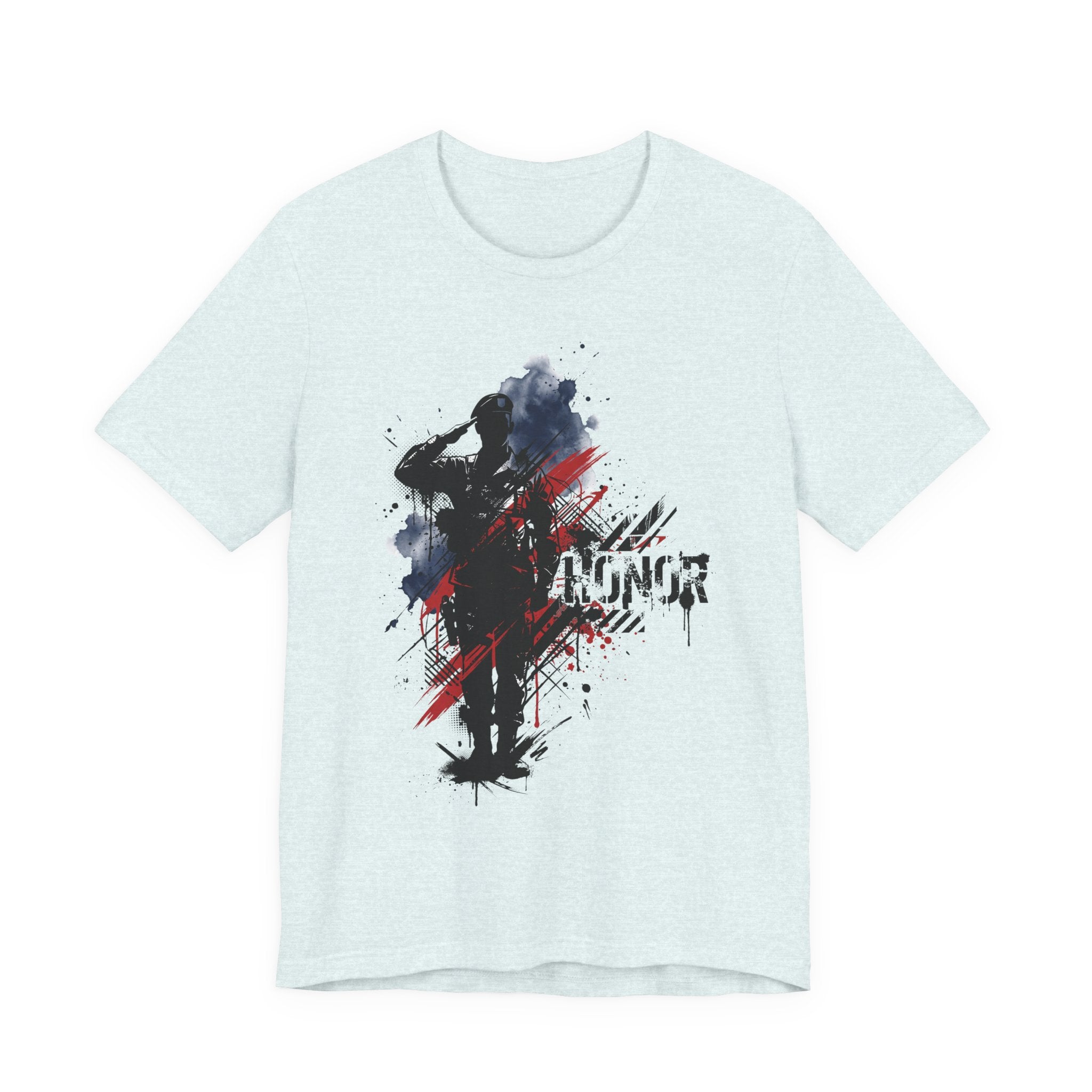 Pale blue crewneck T-shirt with soldier silhouette and red-blue brushstroke graphic, front print.