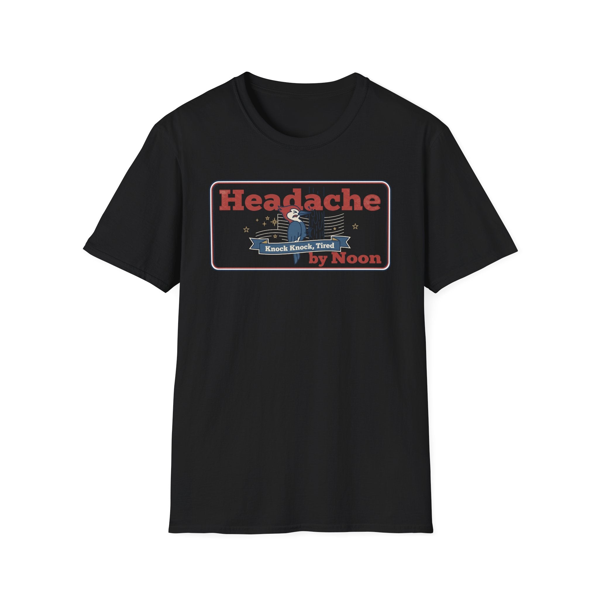 Black crewneck T-shirt with 'Headache' graphic badge front