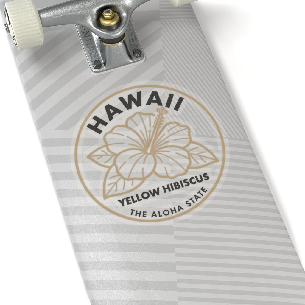 Circular Hawaii sticker decal with yellow hibiscus and “THE ALOHA STATE” text