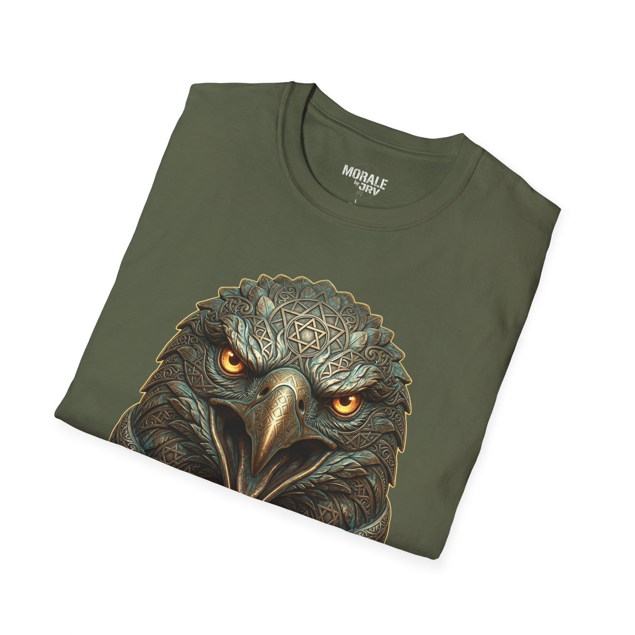 Military Green T-shirt with realistic eagle head illustration and golden eyes
