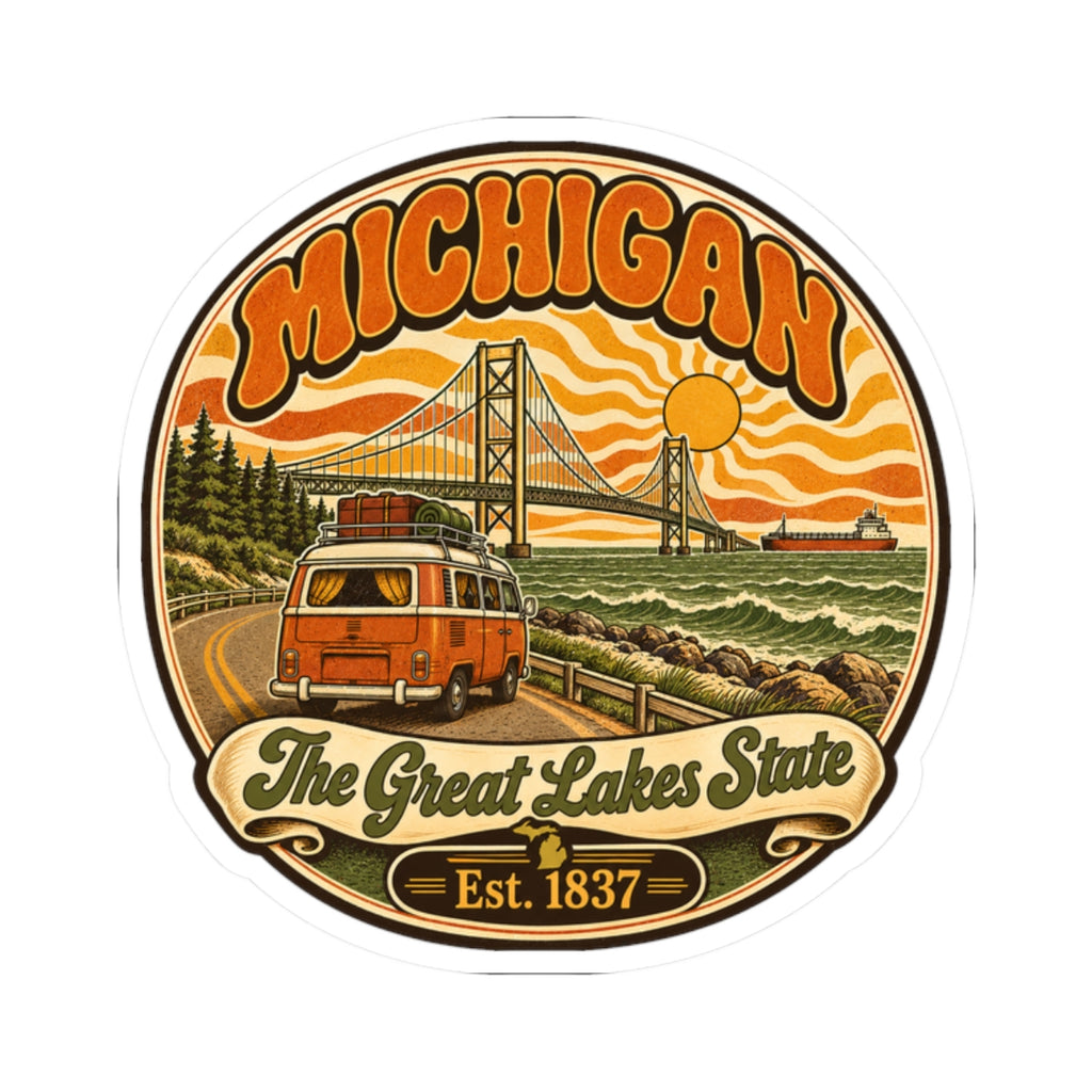 Michigan sticker design: orange camper, bridge, sunset waves, “The Great Lakes State,” Est. 1837