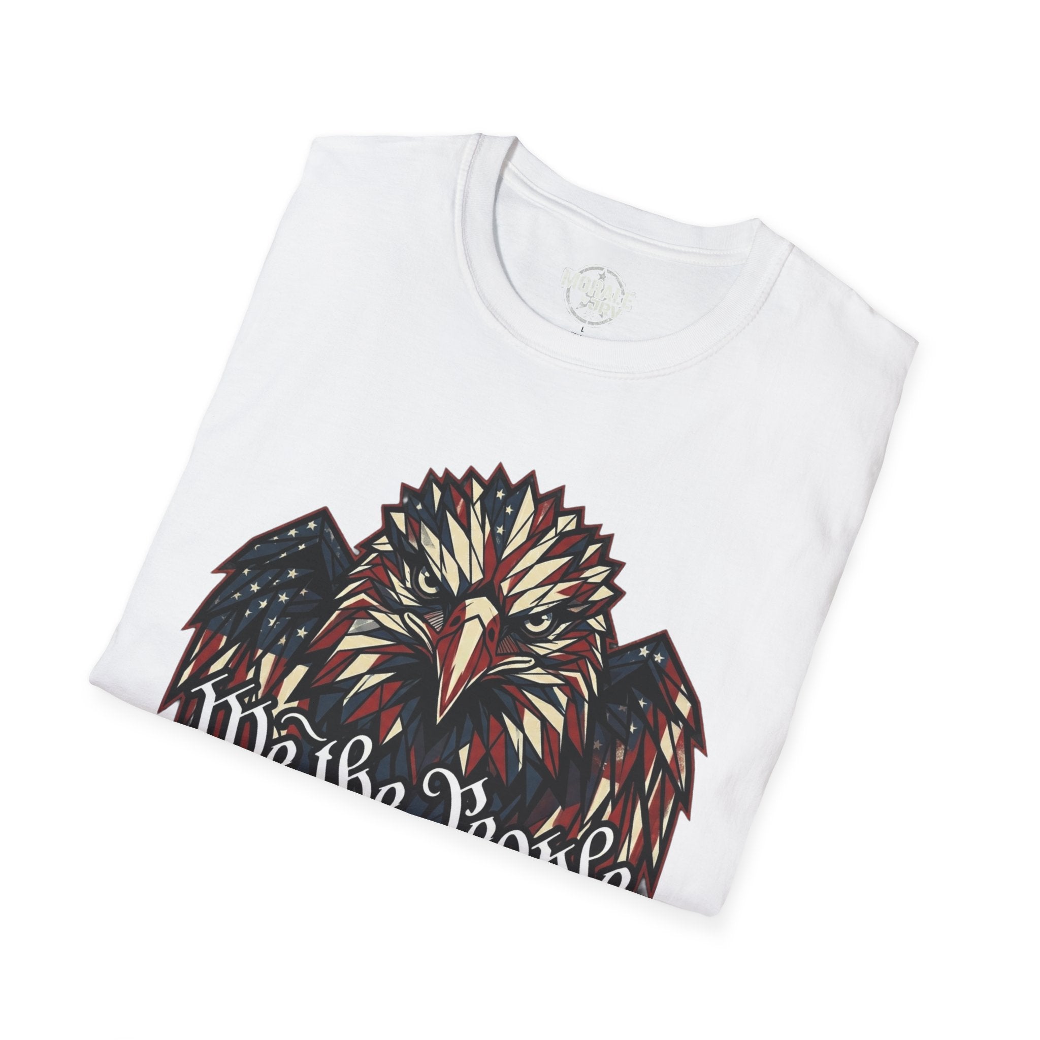 Eagle graphic T-shirt on white fabric, patriotic stars-and-stripes design across chest