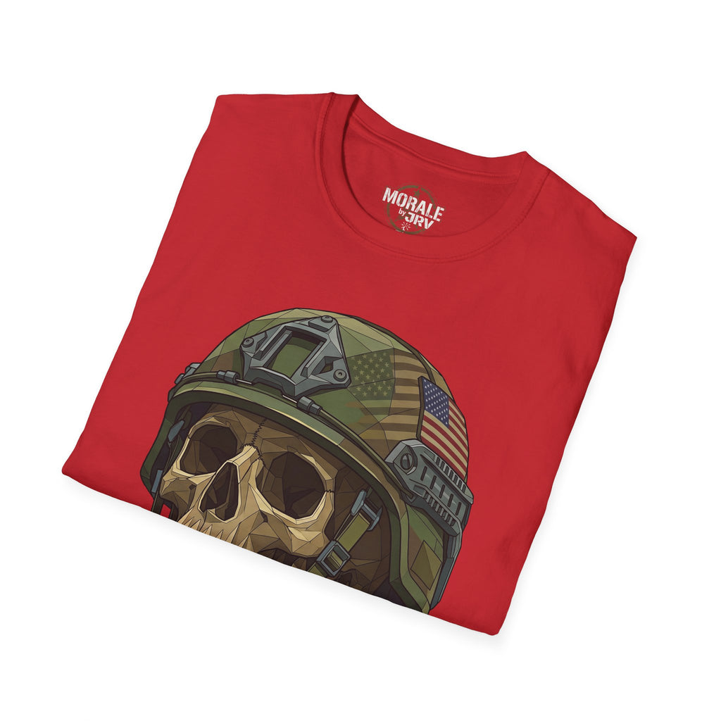 Skull in military helmet T-shirt, red—front skull helmet graphic with US flag patch