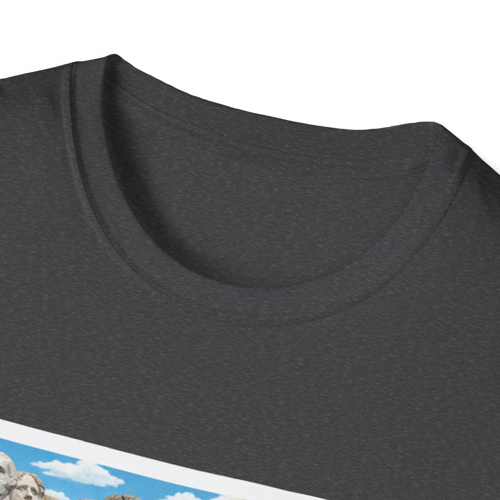 Heather navy T-shirt close-up, crew neck with print edge