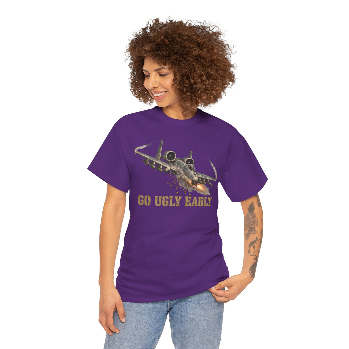 Purple crewneck T-shirt with jet graphic and "GO UGLY EARLY!" text