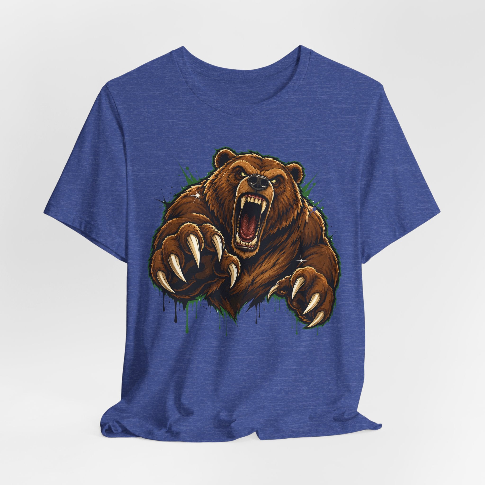 Blue unisex crew-neck T-shirt with roaring grizzly bear face graphic.