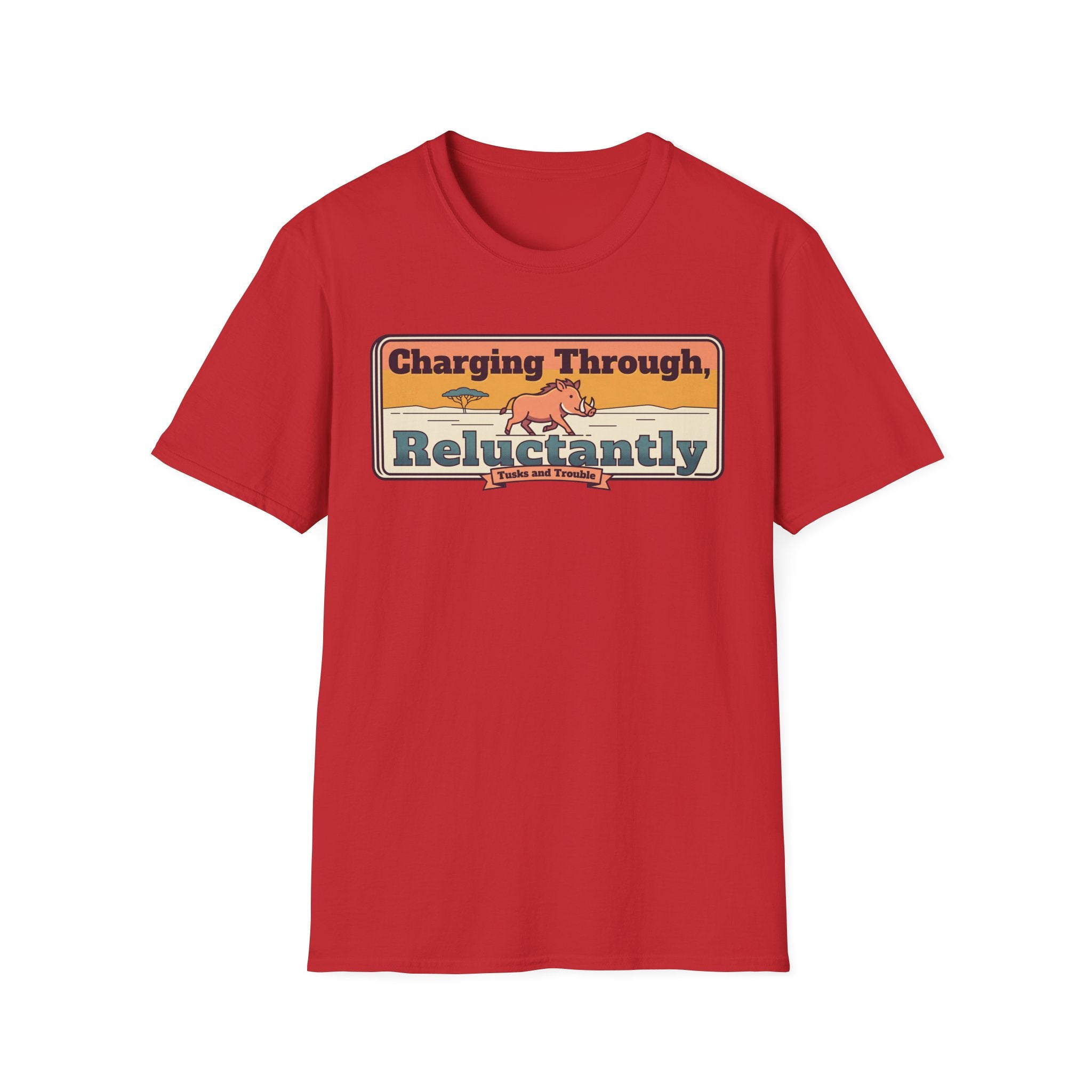 Red crew-neck T-shirt with outlined rhino slogan graphic