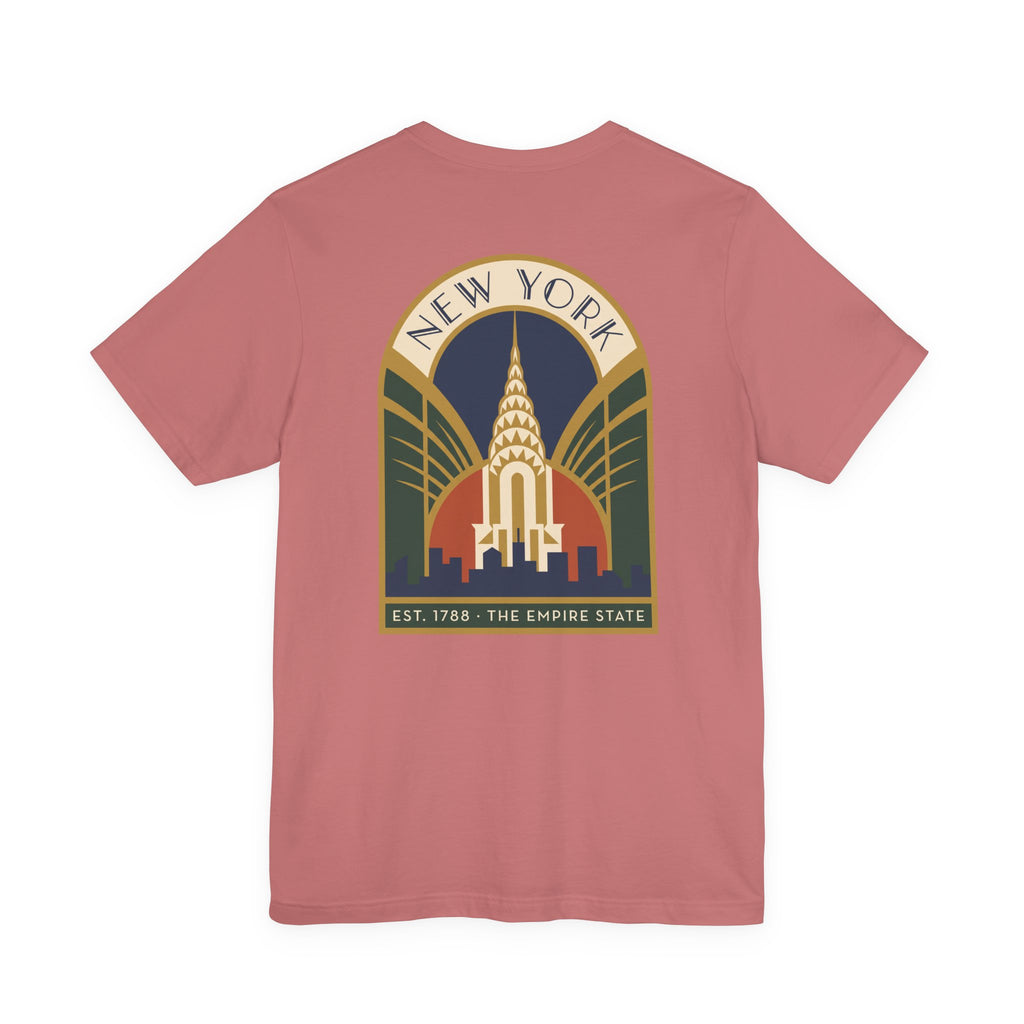 Rose T-shirt with large round New York skyline emblem graphic