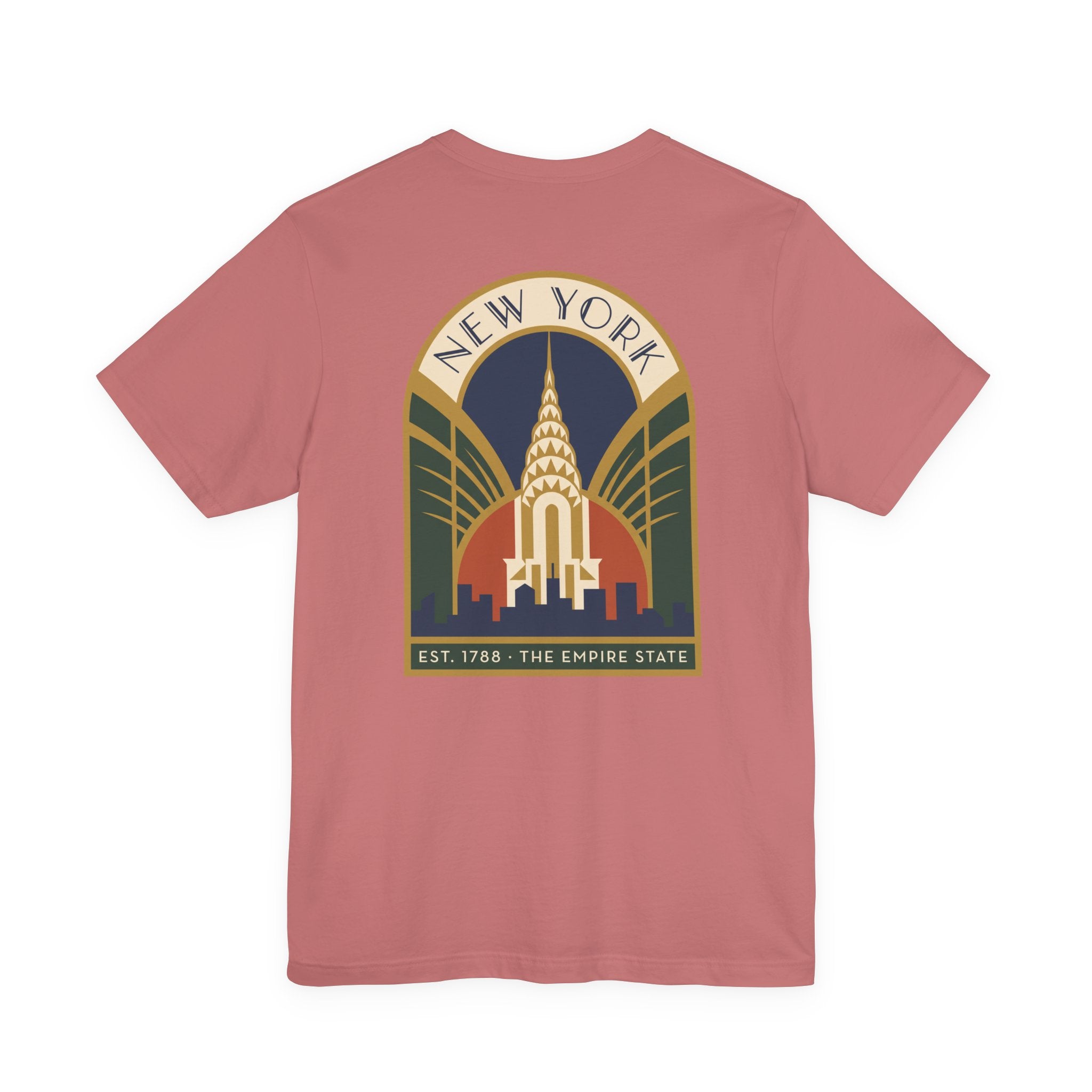 Rose T-shirt with large round New York skyline emblem graphic