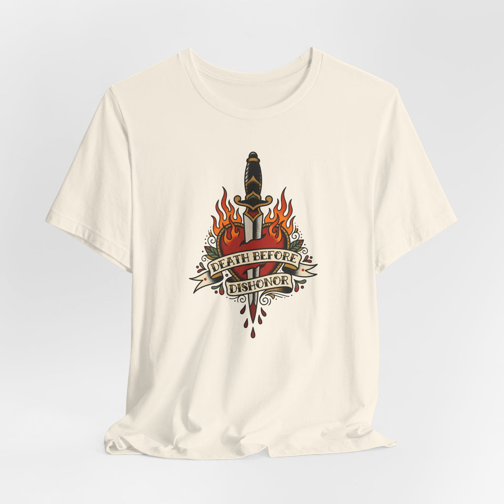 Cream graphic T-shirt front with dagger and flames emblem