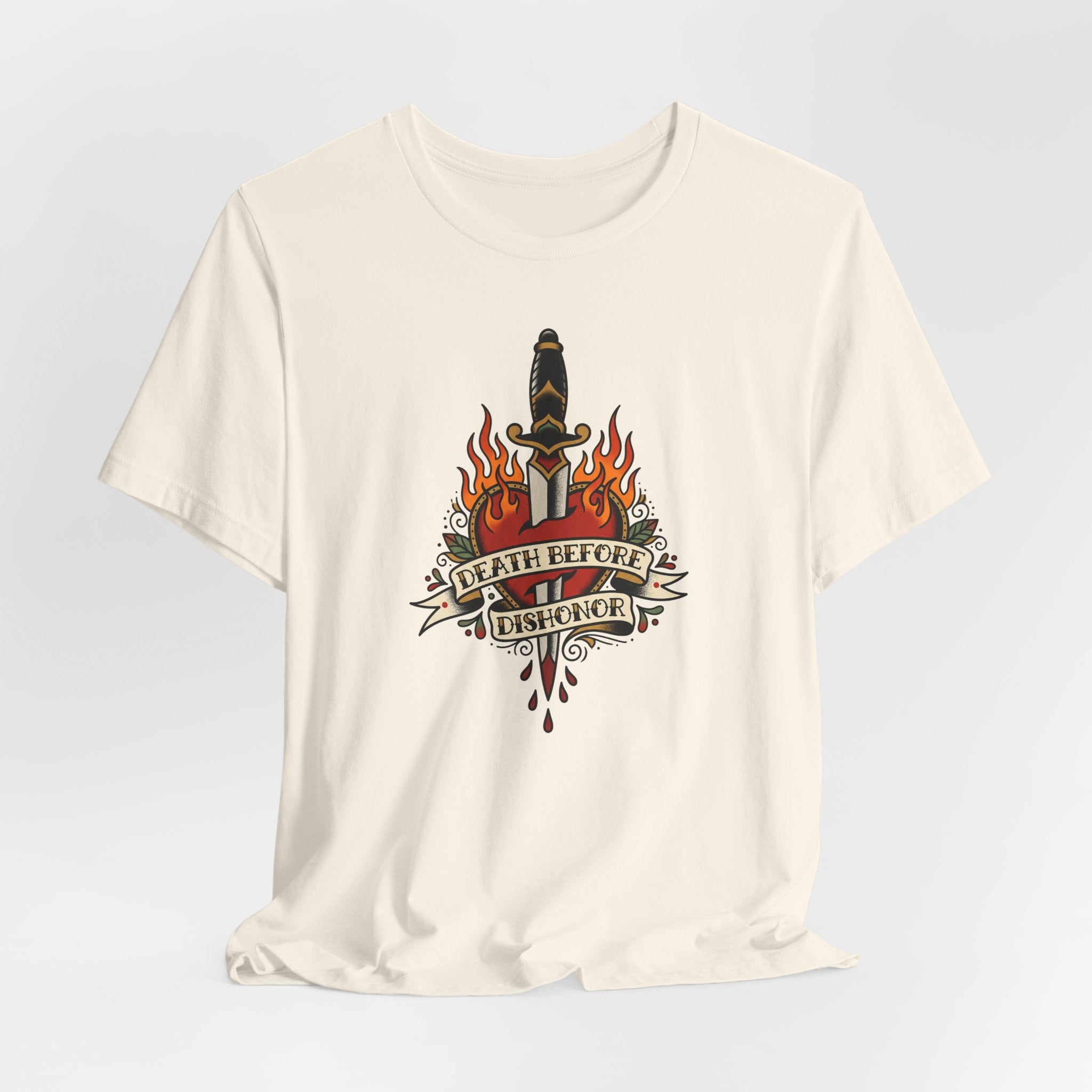 Cream graphic T-shirt front with dagger and flames emblem