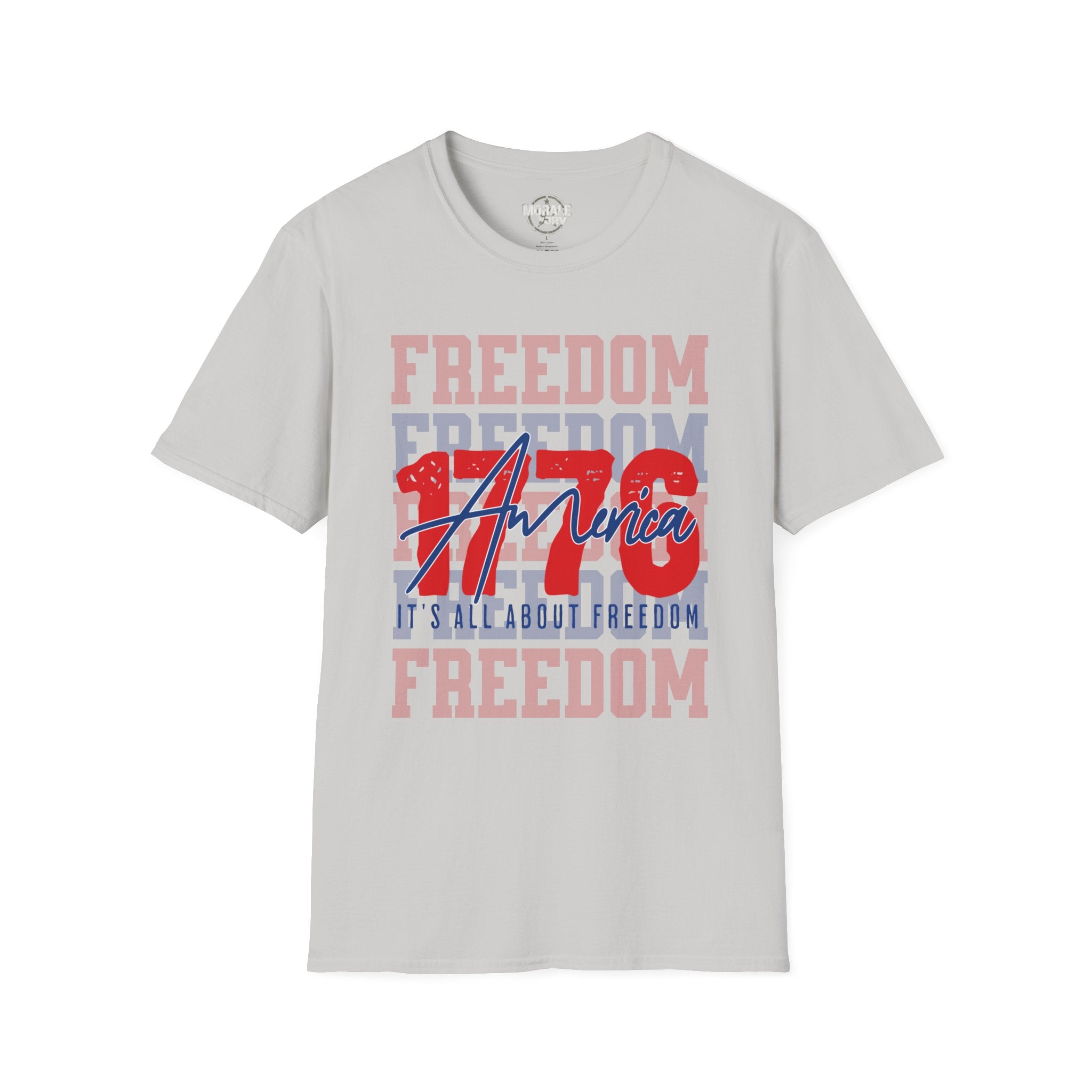 Light gray Freedom USA graphic T-shirt with red/blue 'America' print
