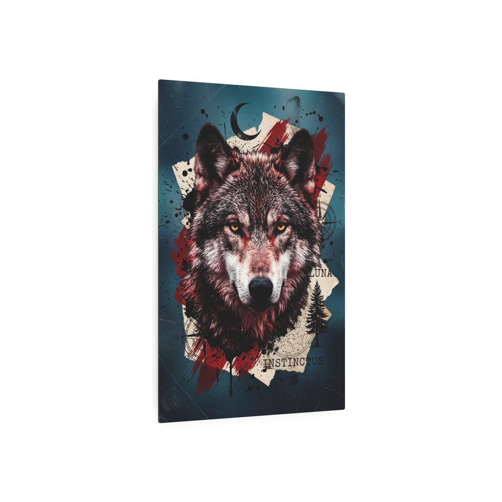 Wolf wall art print front view, black-and-gray fur texture with red accents.