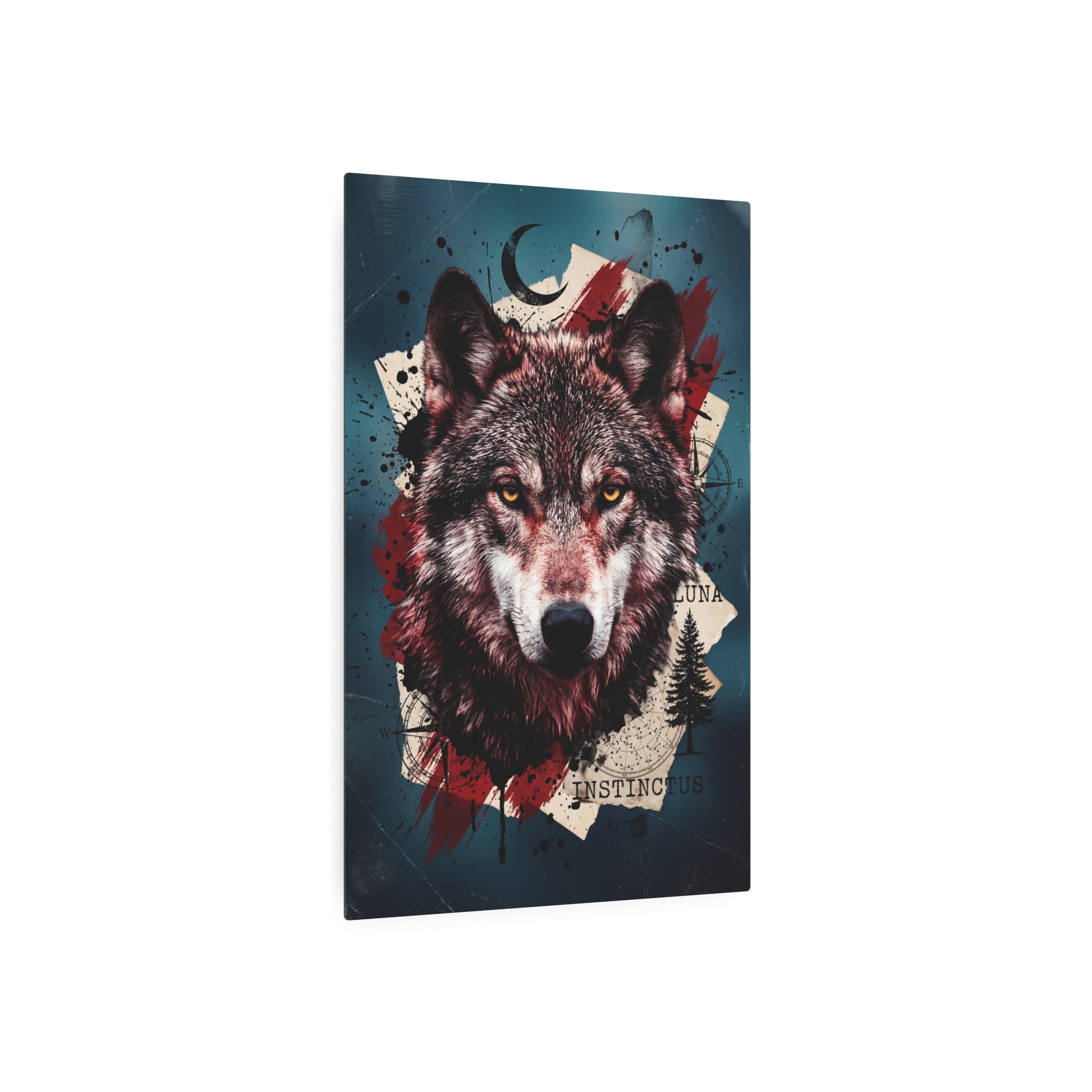 Wolf wall art print front view, black-and-gray fur texture with red accents.