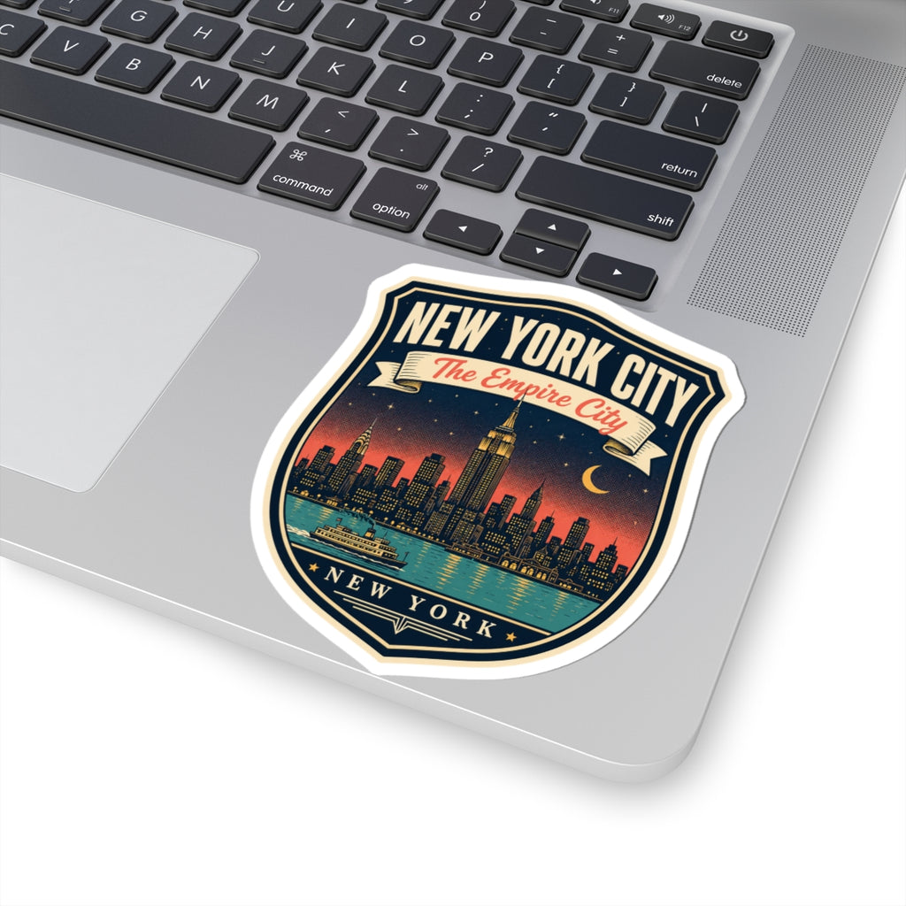 Die-cut luggage tag sticker with New York City “The Empire City” skyline and moon