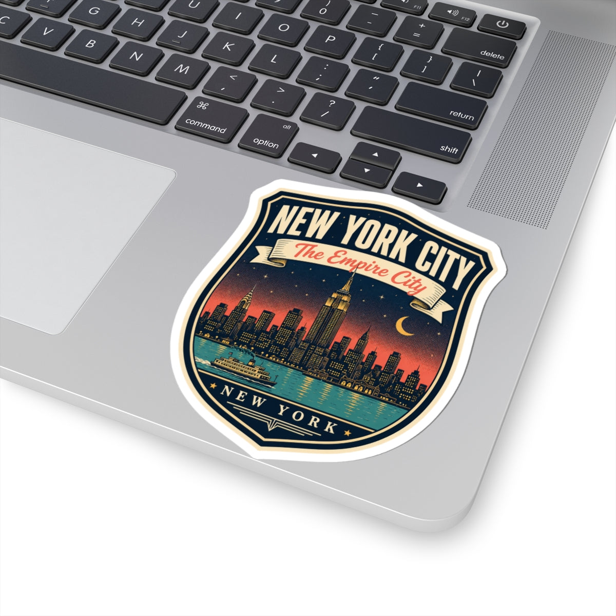 Die-cut luggage tag sticker with New York City “The Empire City” skyline and moon