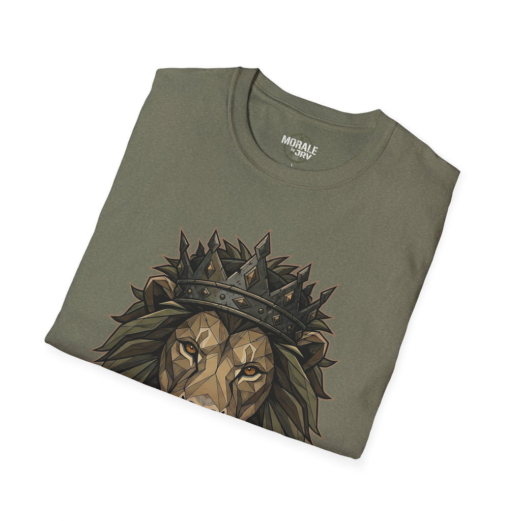 Military green T-shirt with crowned lion head graphic on front