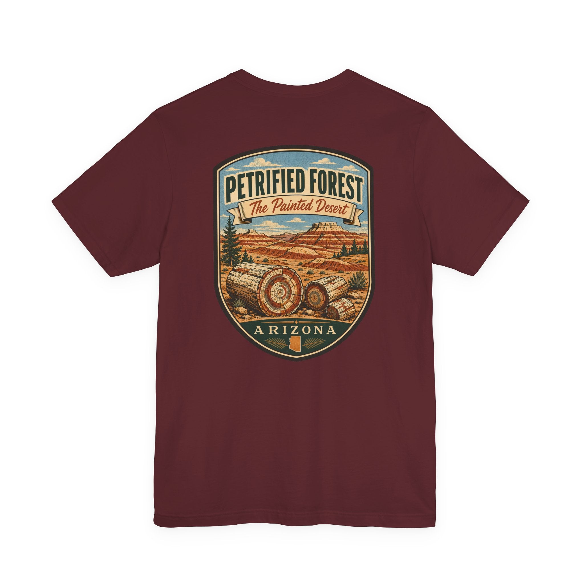 Dark maroon T-shirt with Petrified Forest Arizona shield landscape graphic