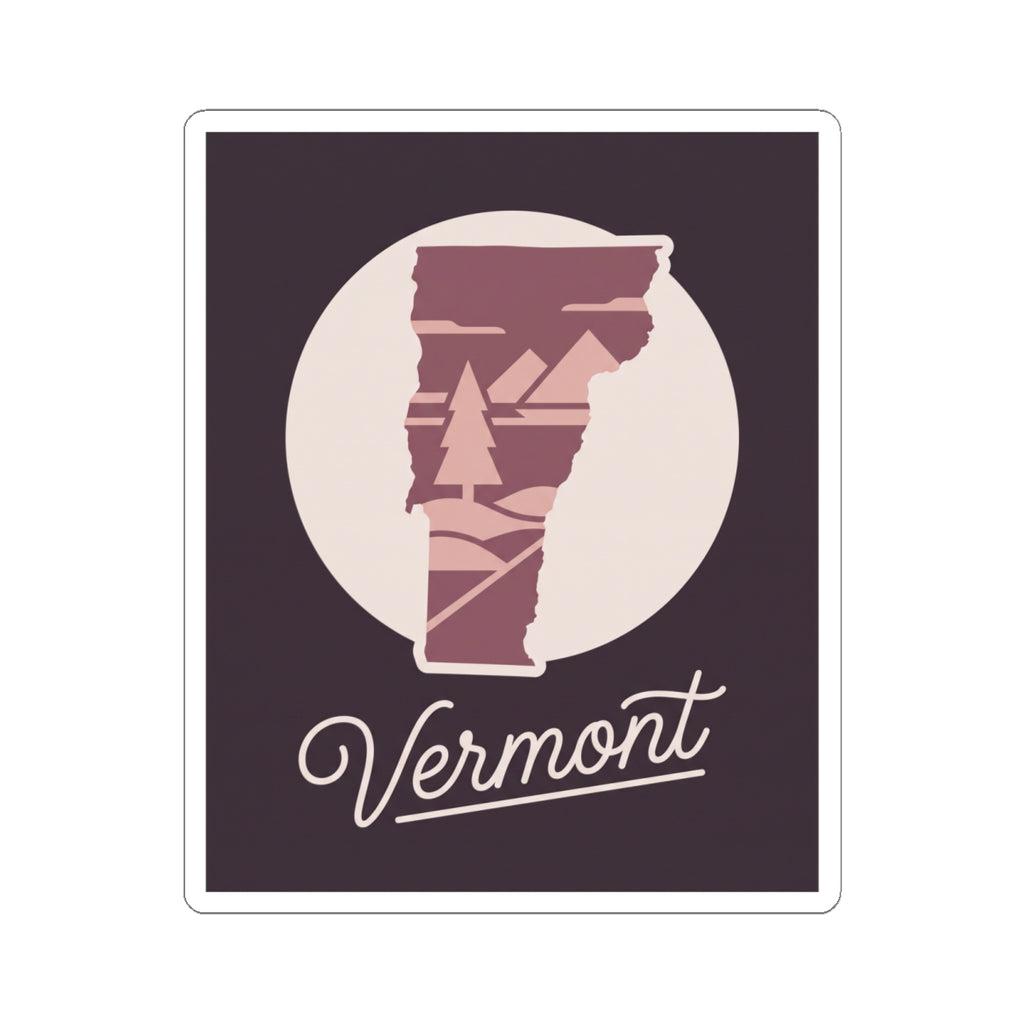 Vermont state silhouette decal with maroon layered forest lines and 'Vermont' cursive script