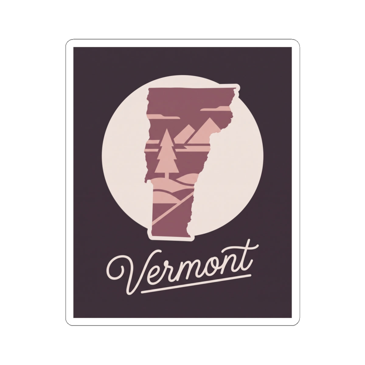 Vermont state silhouette decal with maroon layered forest lines and 'Vermont' cursive script