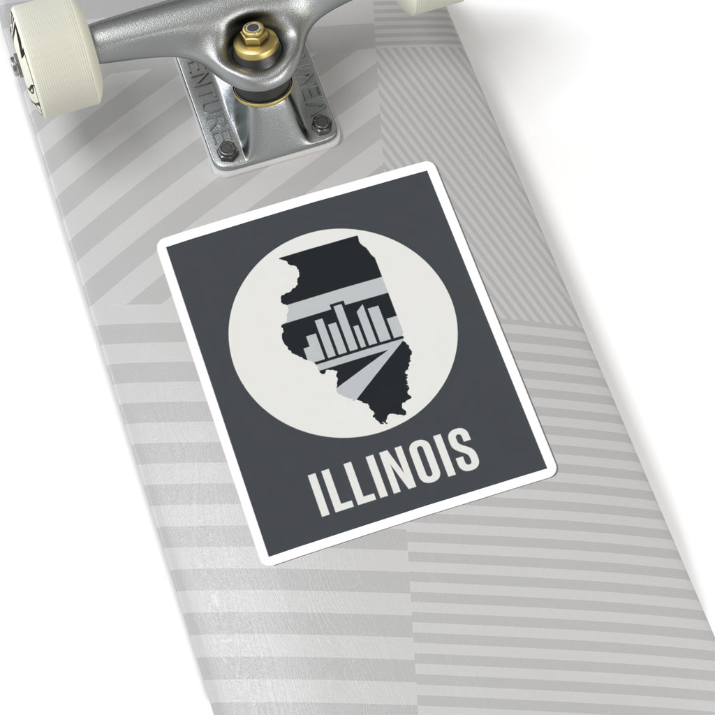 Illinois skyline state sticker on a skateboard deck, with “ILLINOIS”