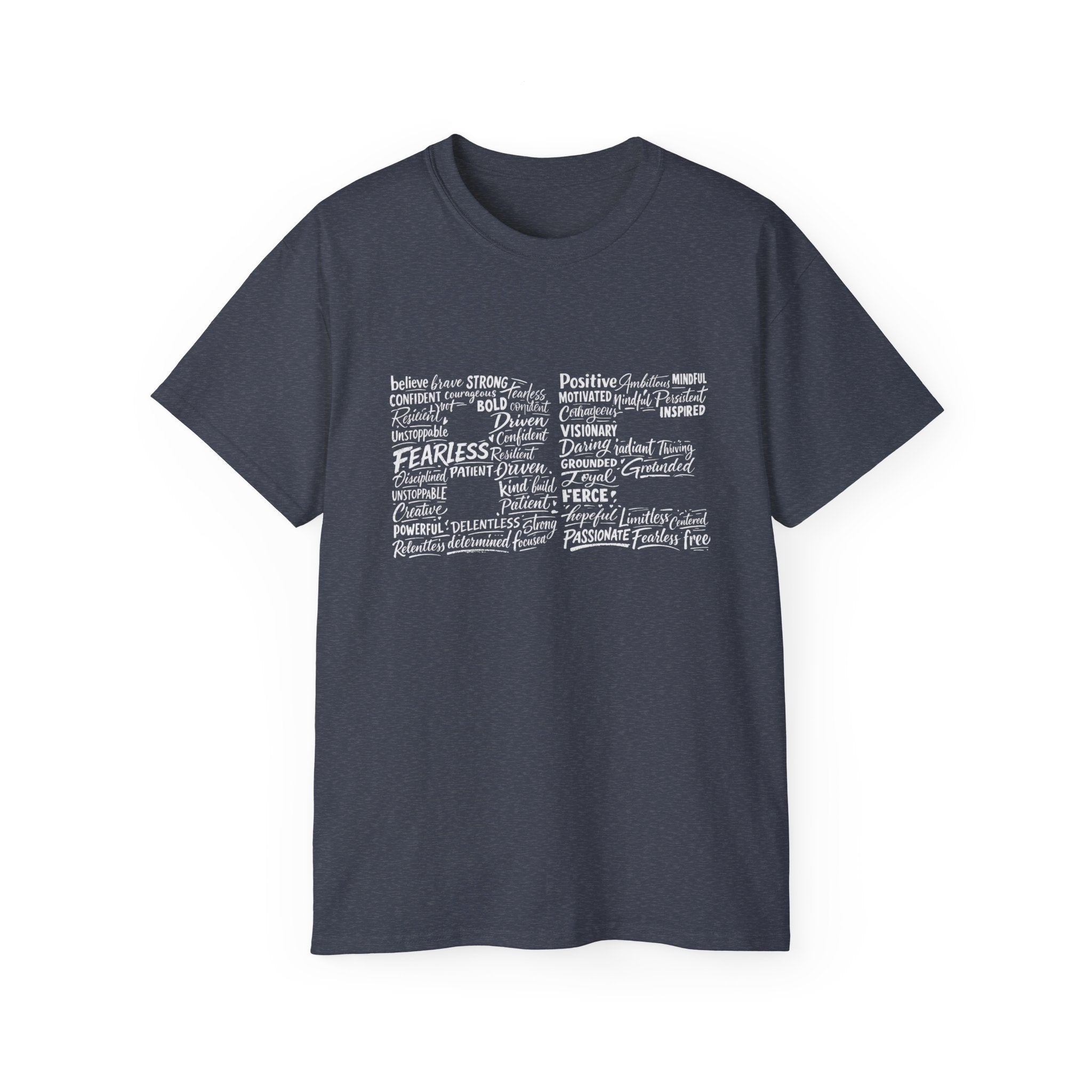 Life word cloud T-shirt in Heather Navy with motivational typography graphic