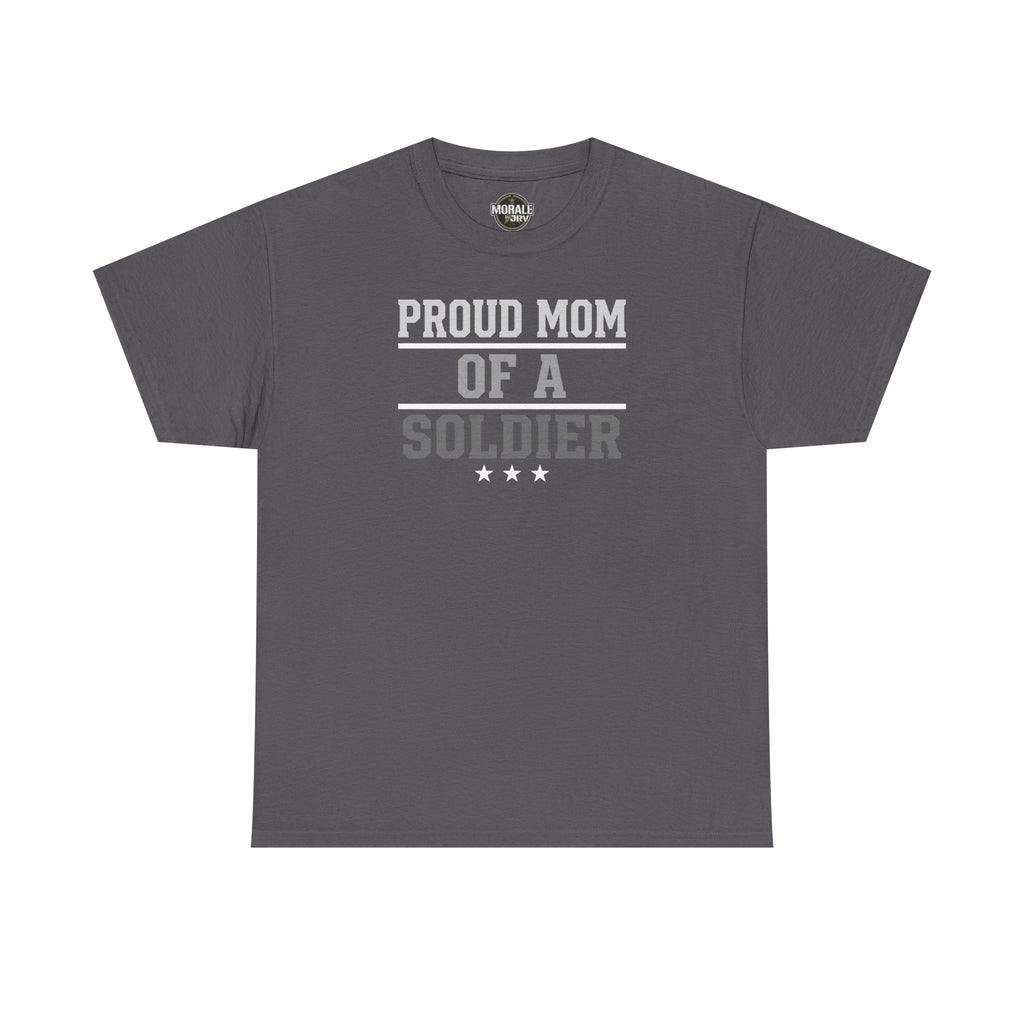 Charcoal crewneck T-shirt with “Proud Mom of a Soldier” graphic and three stars