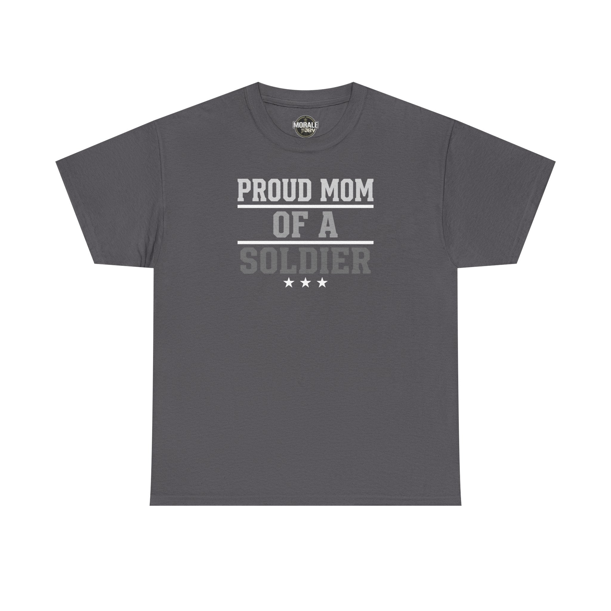Charcoal crewneck T-shirt with “Proud Mom of a Soldier” graphic and three stars