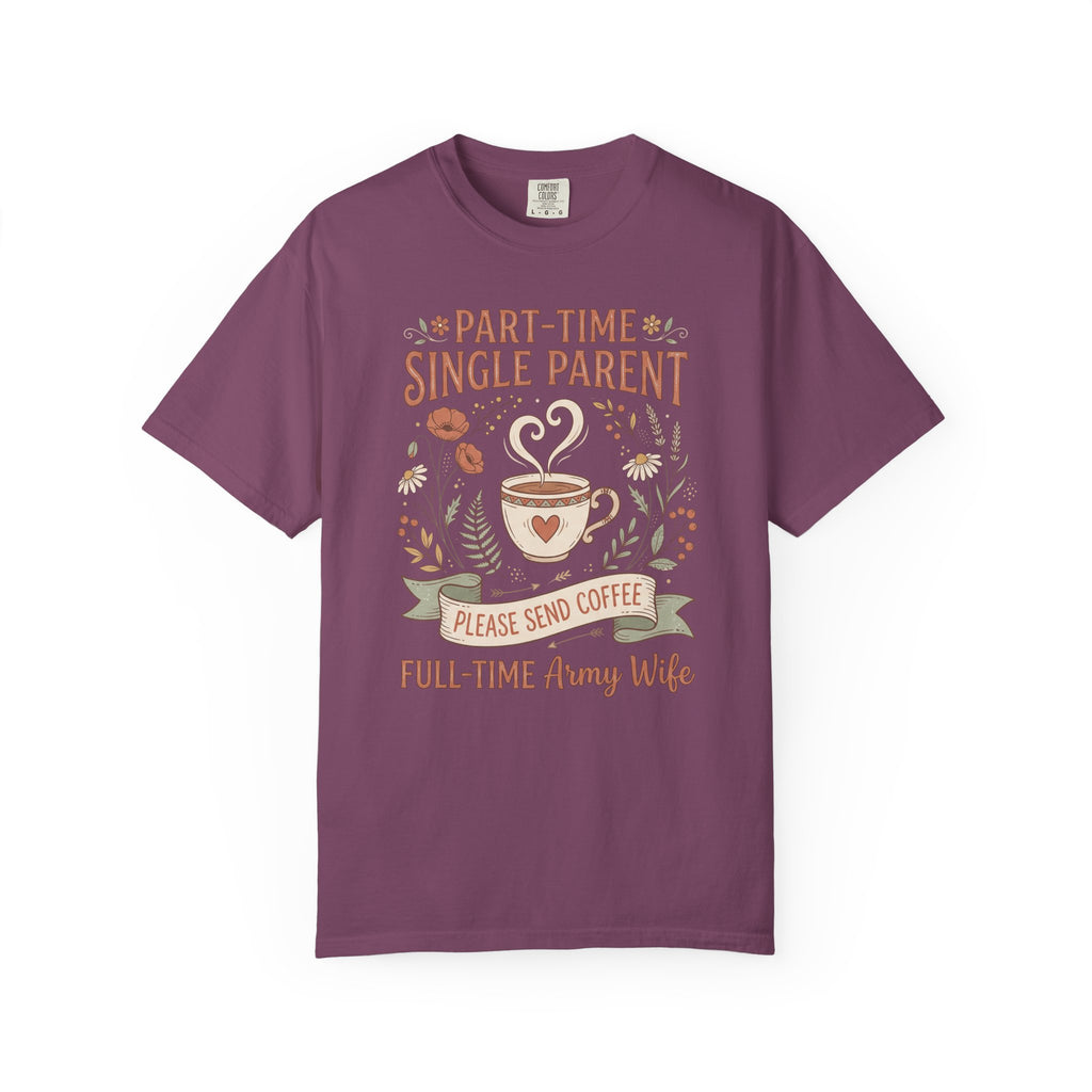 Purple t-shirt with floral coffee graphic and 'Part-Time Single Parent' lettering