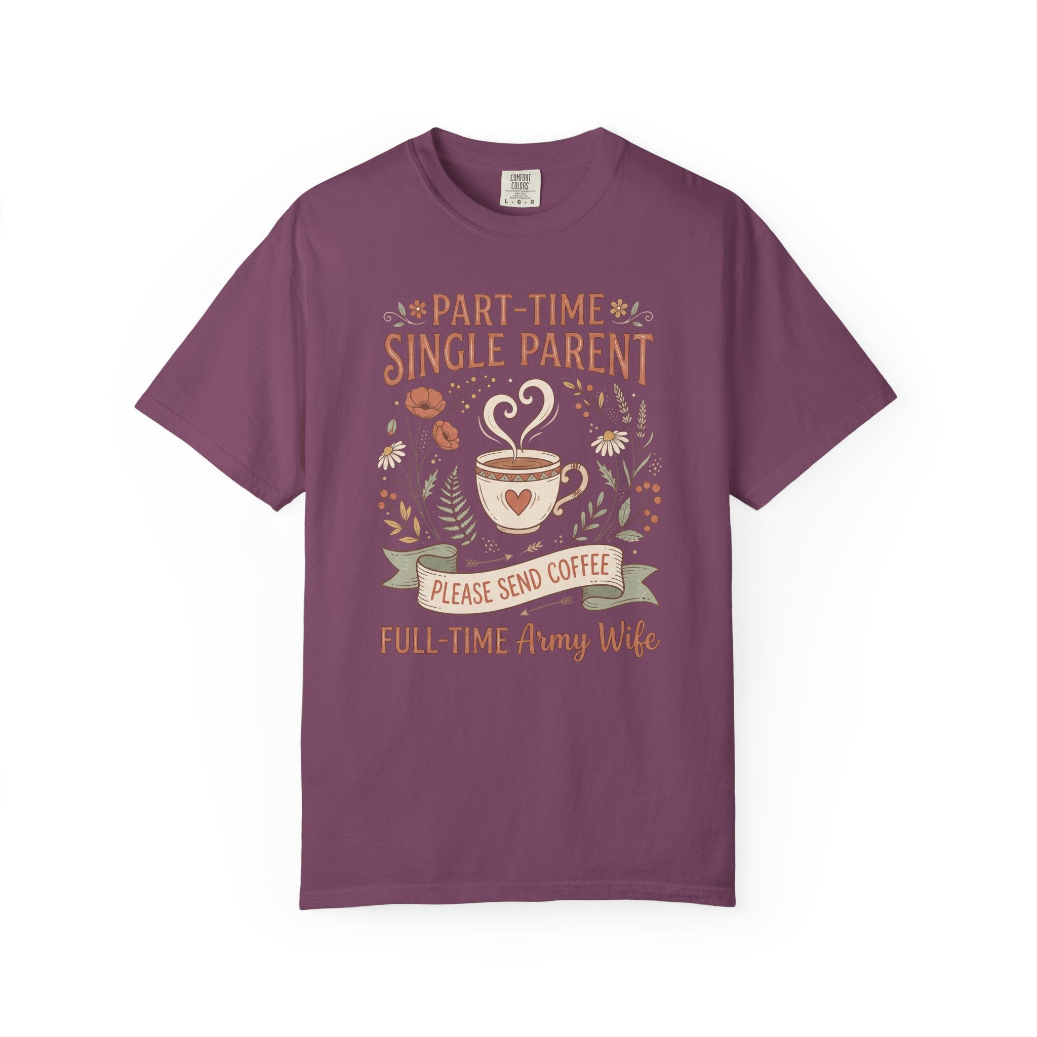 Purple t-shirt with floral coffee graphic and 'Part-Time Single Parent' lettering