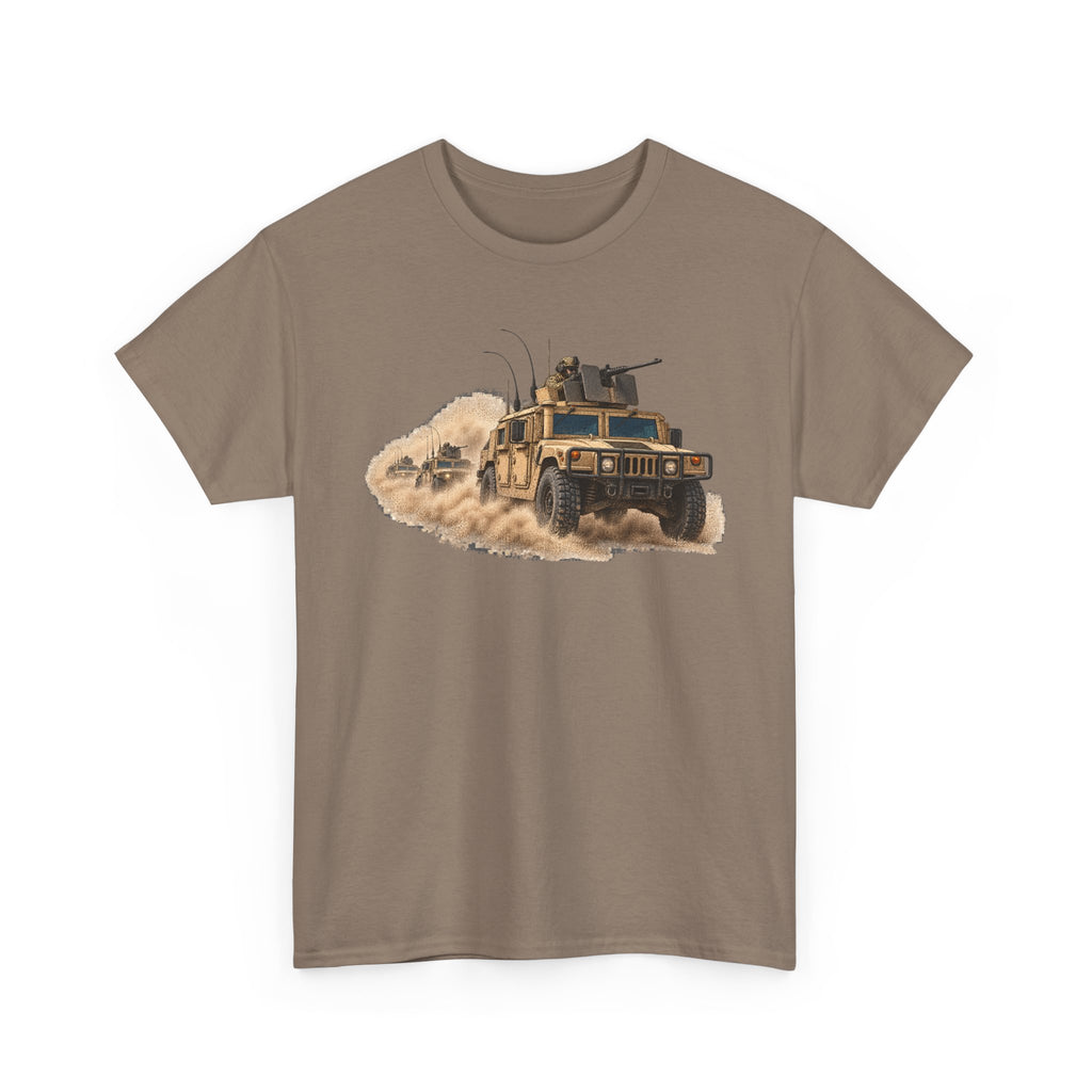 Brown crew-neck T-shirt with armored vehicle graphic and sand dust