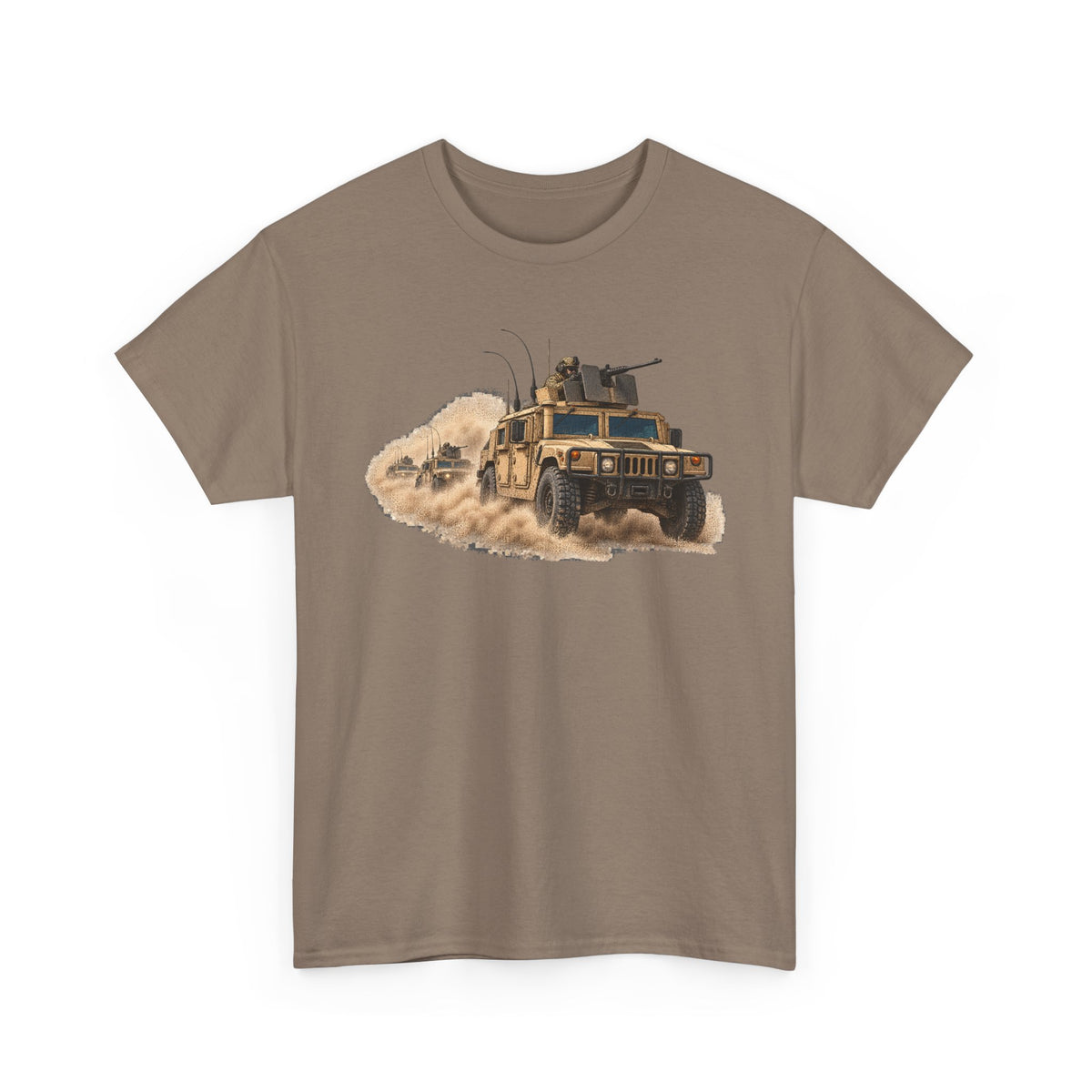 Brown crew-neck T-shirt with armored vehicle graphic and sand dust