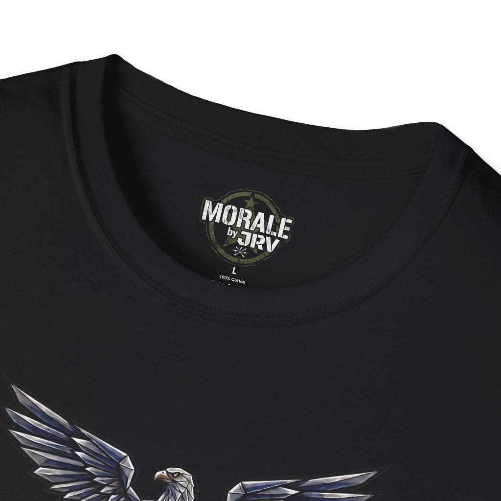 Black T-shirt neckline label: “MORALE by TRJR”