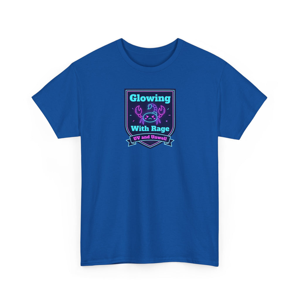 Royal blue graphic tee with glowing skull shield design