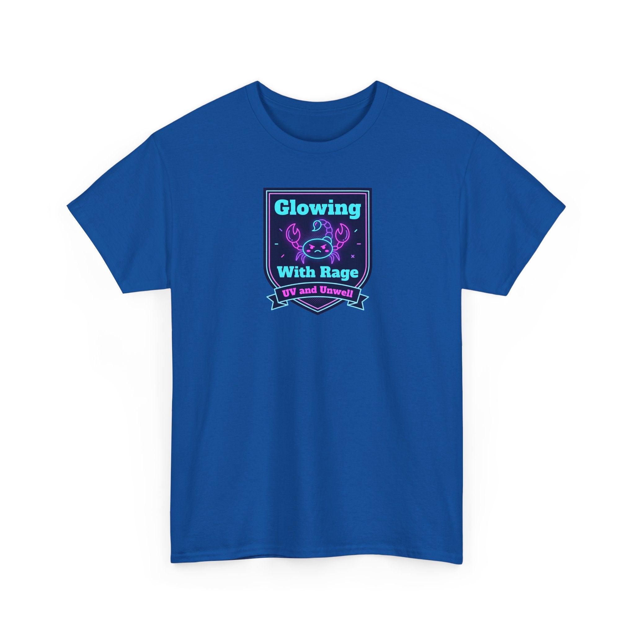 Royal blue graphic tee with glowing skull shield design