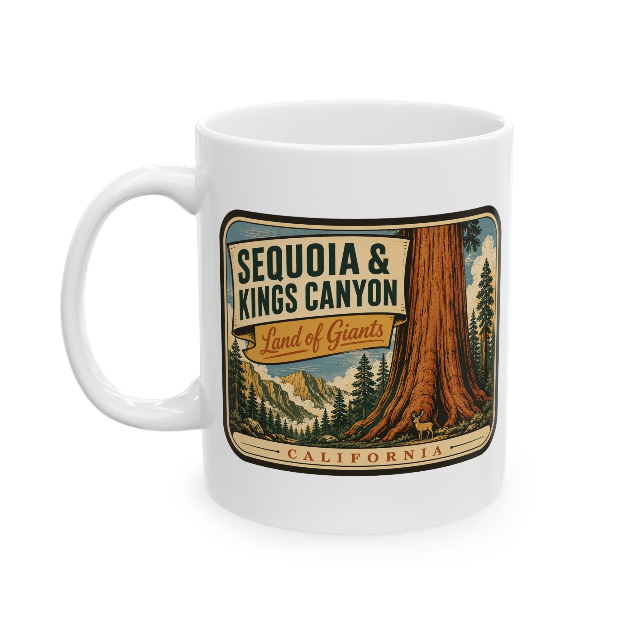 White ceramic mug with Sequoia & Kings Canyon 'Land of Giants' graphic and handle