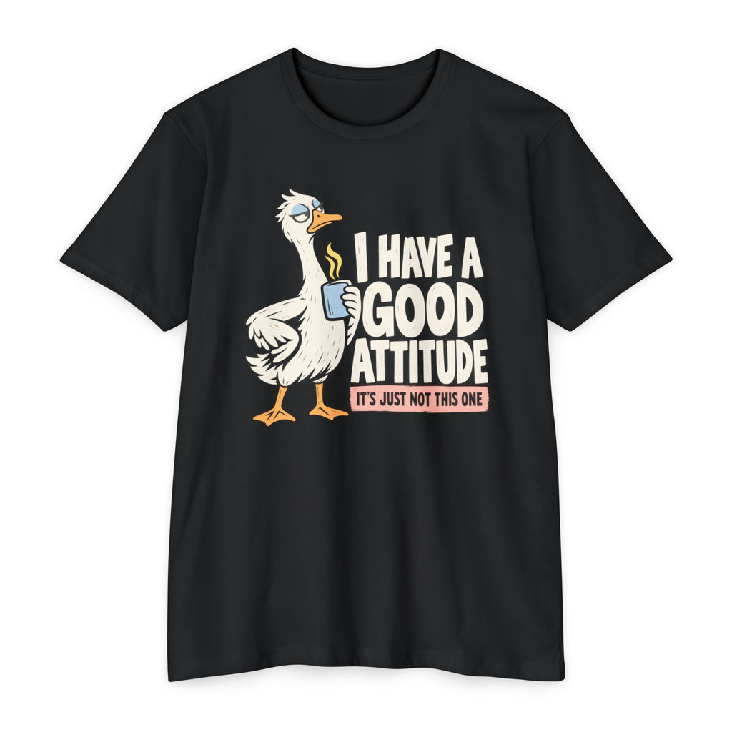Graphic coffee-themed goose T-shirt, black, 'Have a good attitude' slogan print