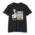 Graphic coffee-themed goose T-shirt, black, 'Have a good attitude' slogan print