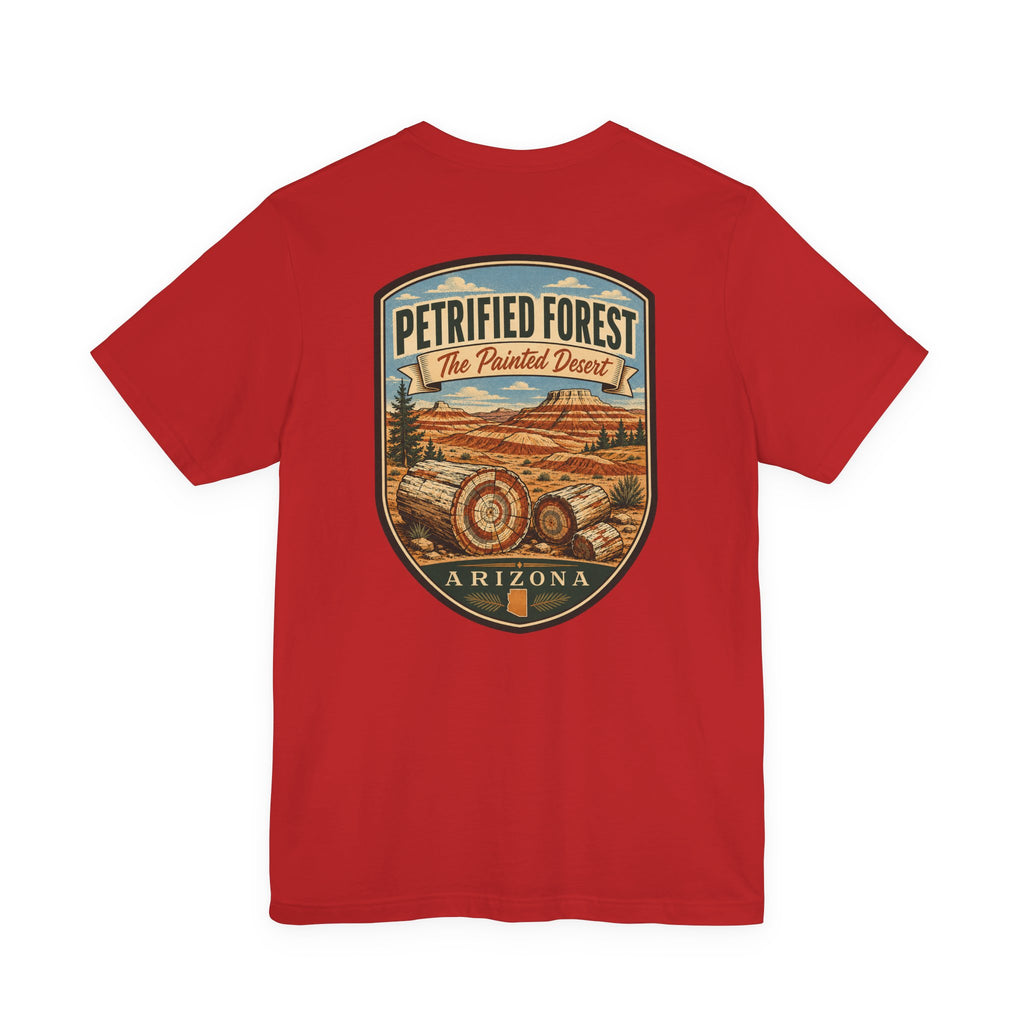Red T-shirt with Petrified Forest Arizona shield landscape graphic centered