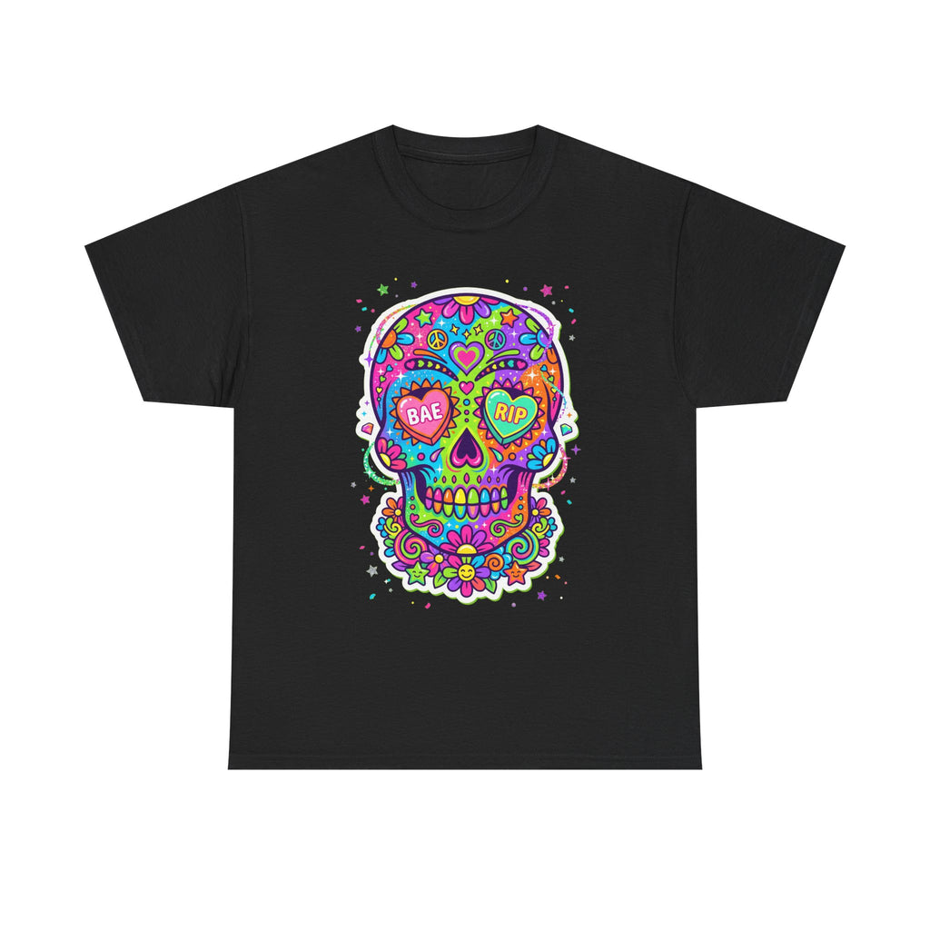 Black T-shirt with colorful sugar skull graphic, BAE & RIP heart eyes