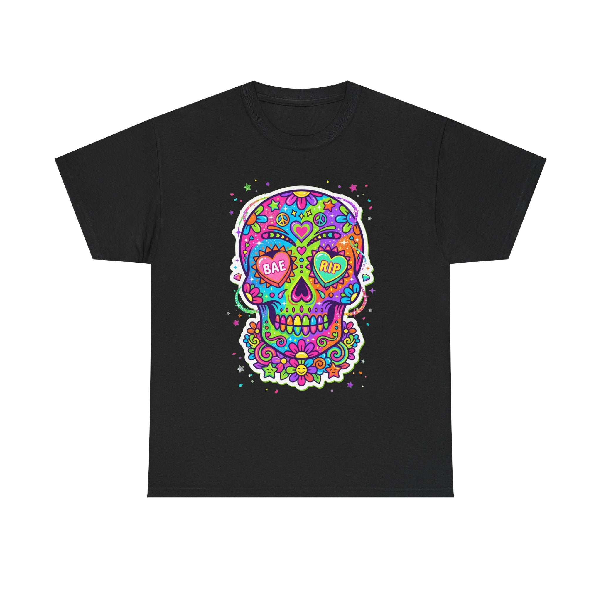 Black T-shirt with colorful sugar skull graphic, BAE & RIP heart eyes