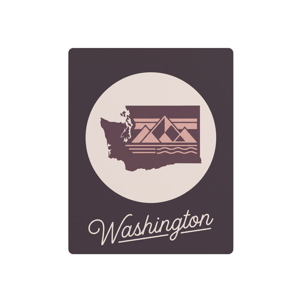 Mauve square metal wall art with circular Washington silhouette and “Washington” script