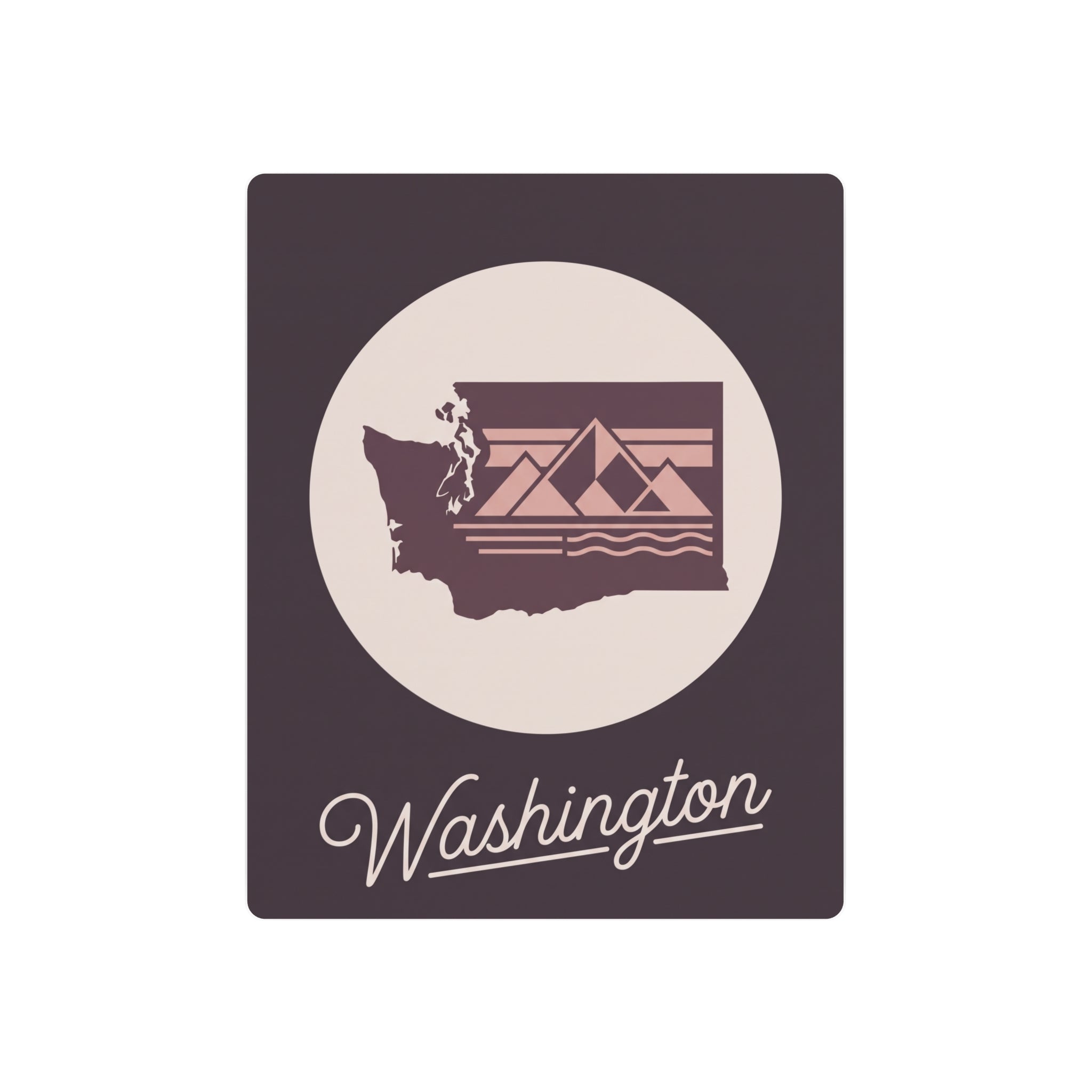 Mauve square metal wall art with circular Washington silhouette and “Washington” script