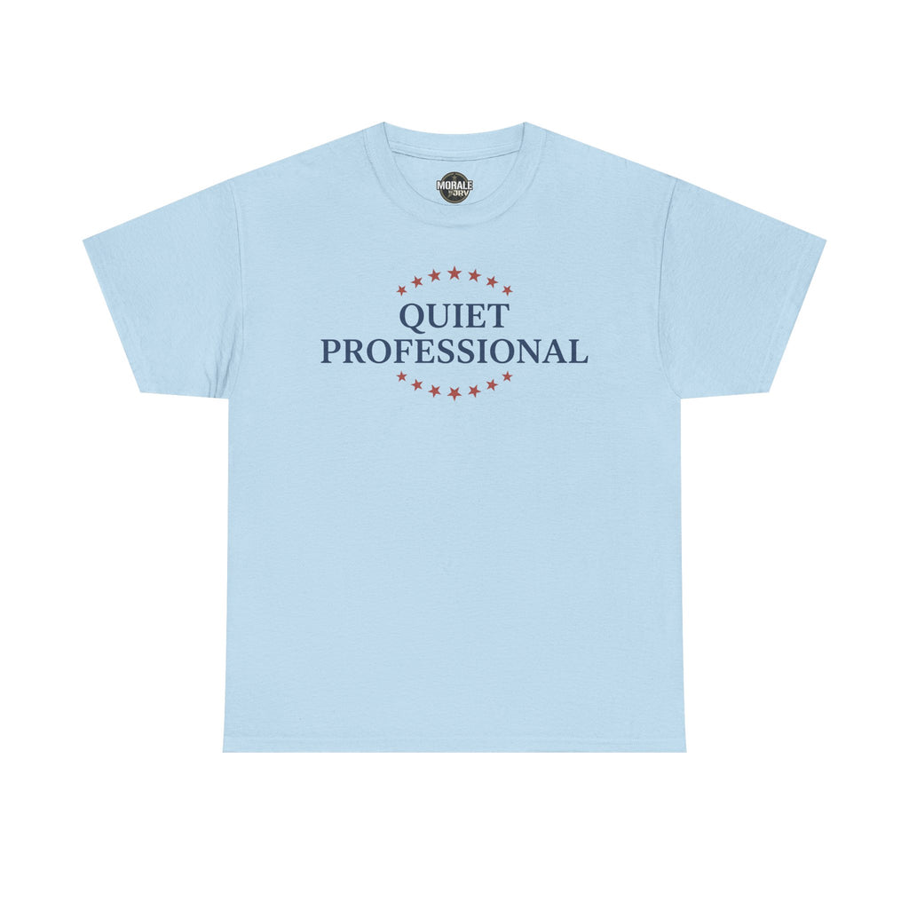 Light blue crew-neck t-shirt with red star circle and “QUIET PROFESSIONAL” print