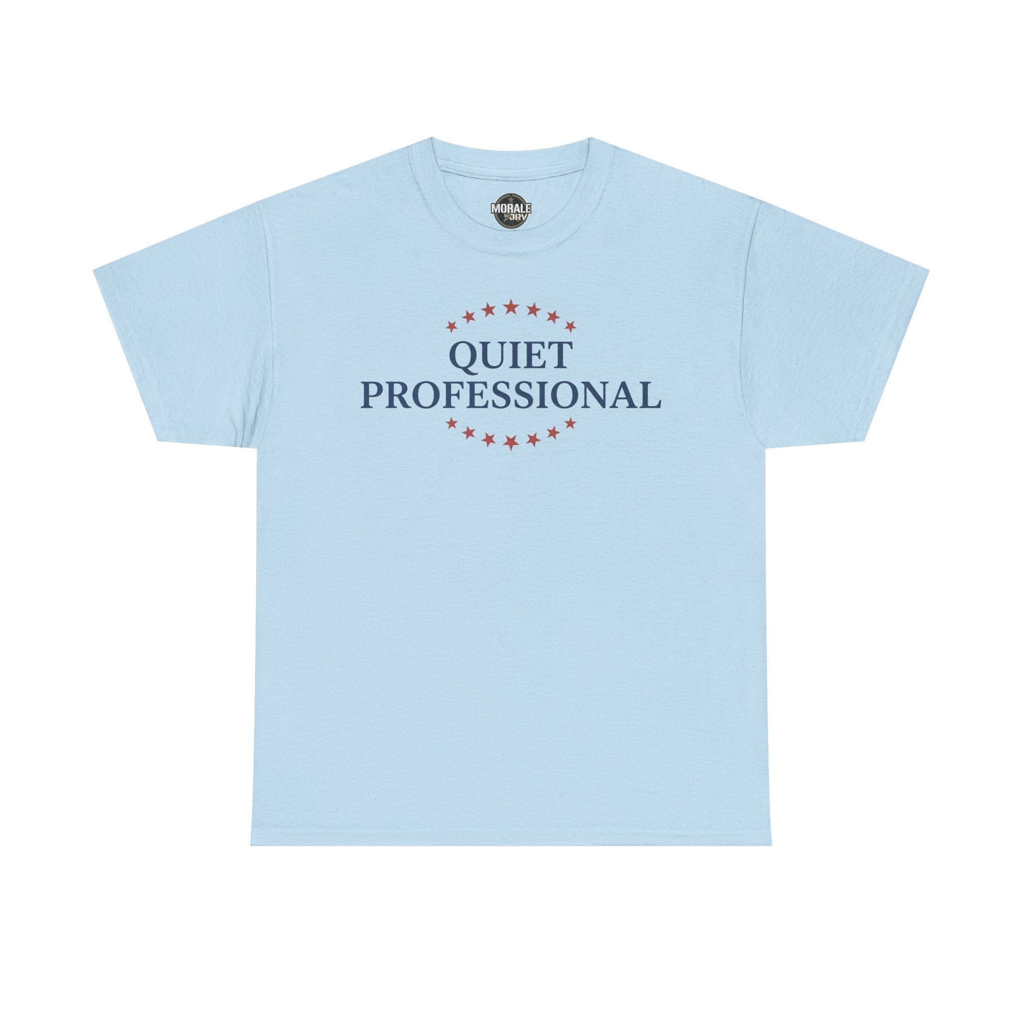 Light blue crew-neck t-shirt with red star circle and “QUIET PROFESSIONAL” print